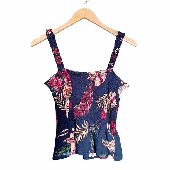 Patrons of Peace Floral Smocked Peplum Cropped Tank Navy Pink Women’s Size Small - Picture 1 of 9